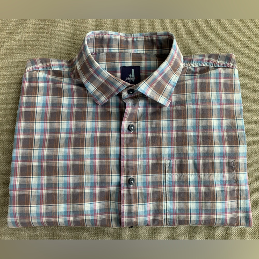 Johnnie-O Men’s Long Sleeve Button Down Brown, White, Blue, Pink Plaid Shirt